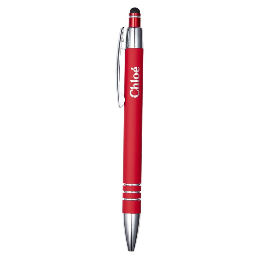 A red metal pen with a silver clip and a branding logo on the barrel. It features a stylus tip.