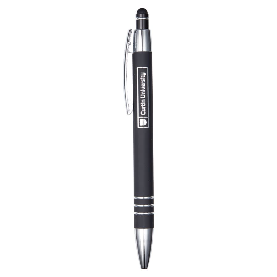 A metal pen in black with silver accents, featuring a logo on the side.