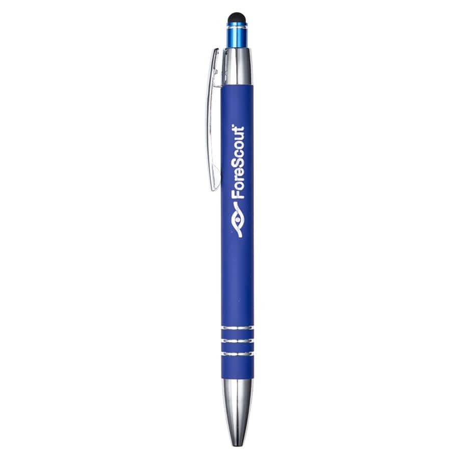 A blue metal pen with a silver clip and tip, featuring a logo on the barrel.