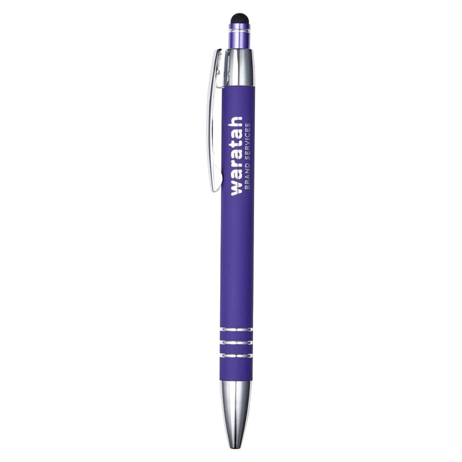 A purple metal pen with a silver clip and stylus tip, featuring a logo on the barrel.
