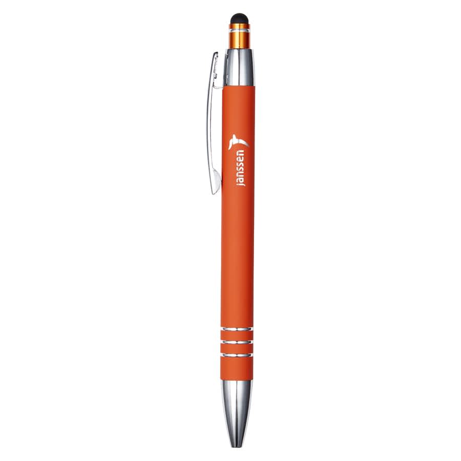 An orange metal pen with a silver clip and tip, featuring a logo on its side.
