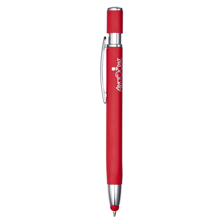 A red metal pen with a shiny silver tip and clip, featuring a logo on the barrel.