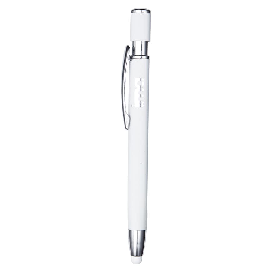 A white metal pen with a chrome clip and tip, featuring a branding logo.