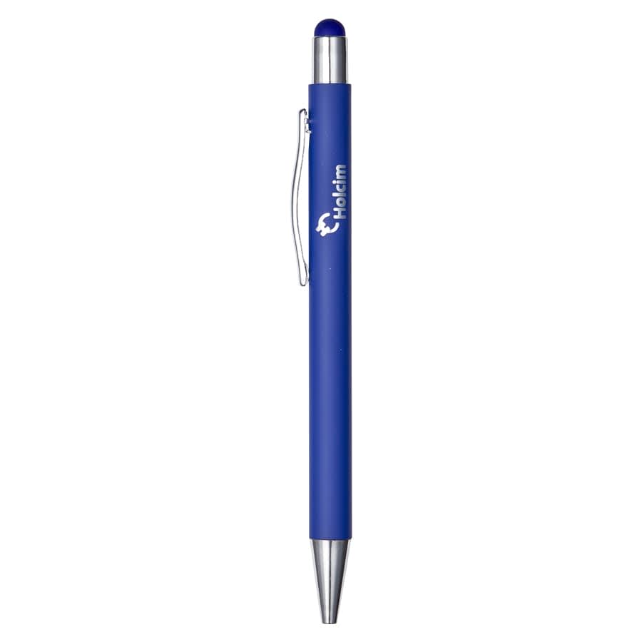 A blue metal pen with a silver clip and a logo, featuring a smooth finish and a stylus tip.