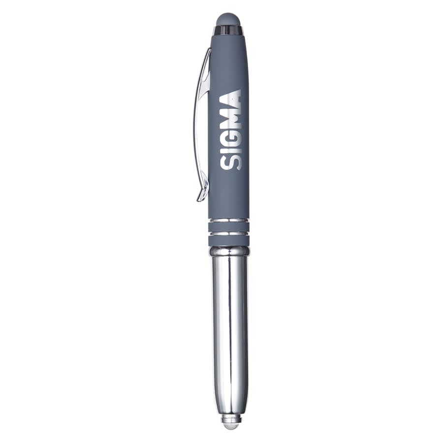 A stylus pen in grey with a silver clip and tip, featuring a branding logo.