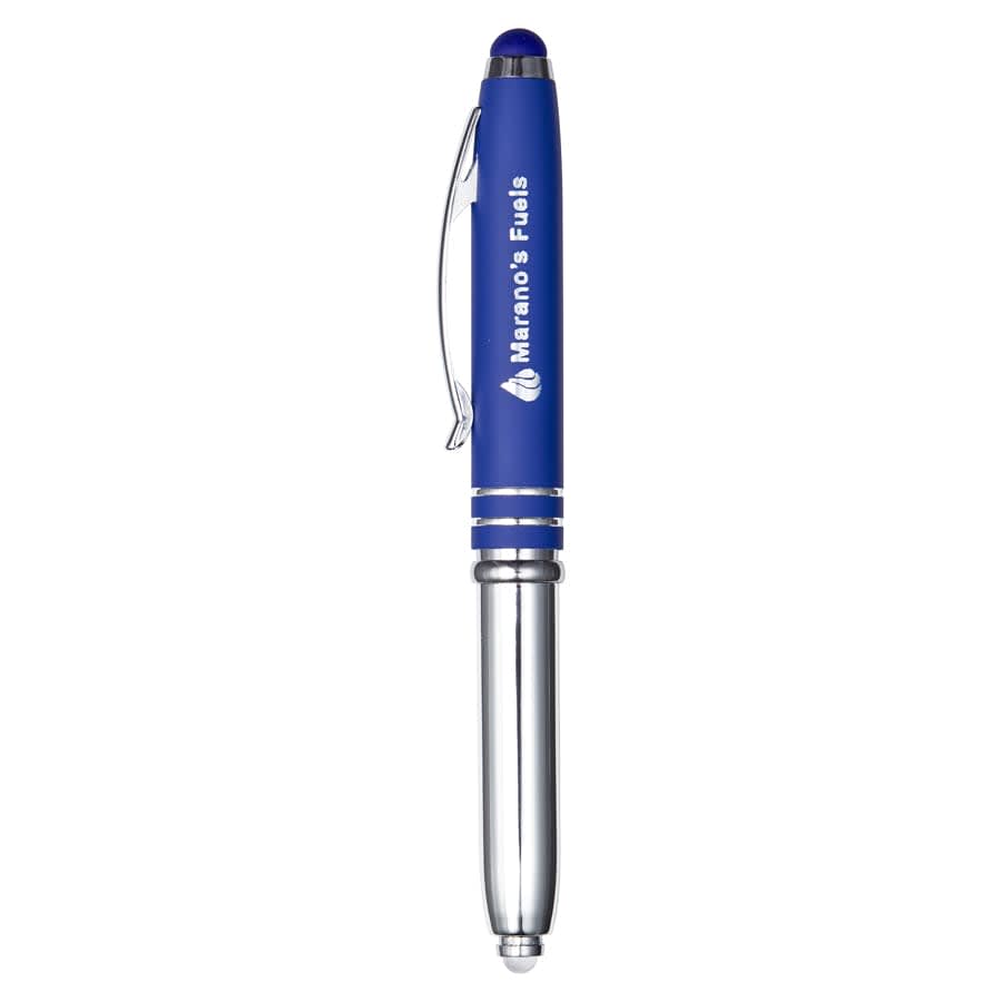 A blue stylus pen with a silver barrel and a branding logo on the surface.