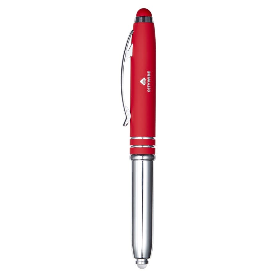 A red Amalfi pen with a chrome clip and tip, featuring a stylus at the end. It has a logo on the body.