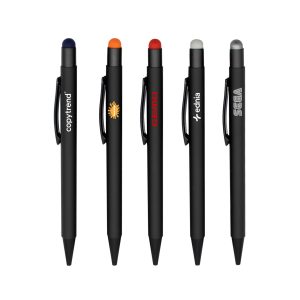 A collection of five stylus pens with black bodies and various coloured tips: blue, orange, red, green, and grey. Each has a logo.