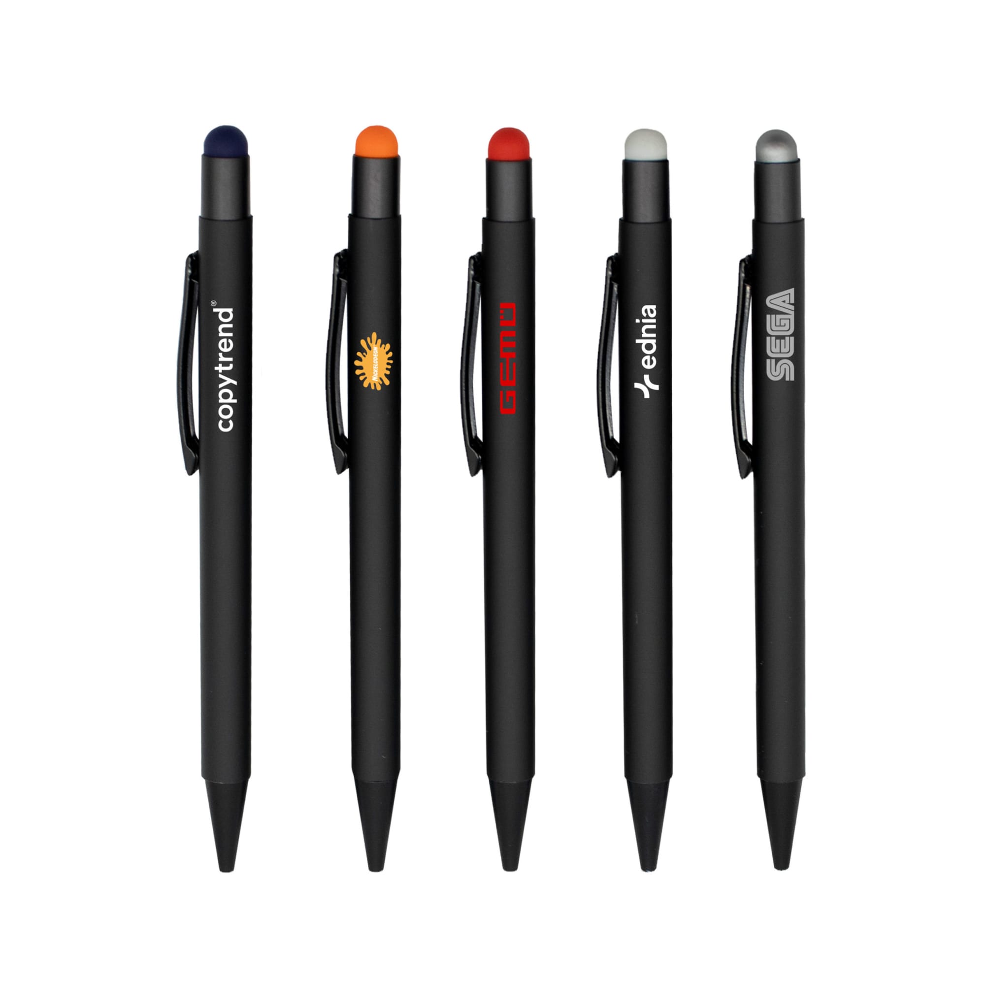 A collection of five stylus pens with black bodies and various coloured tips: blue, orange, red, green, and grey. Each has a logo.