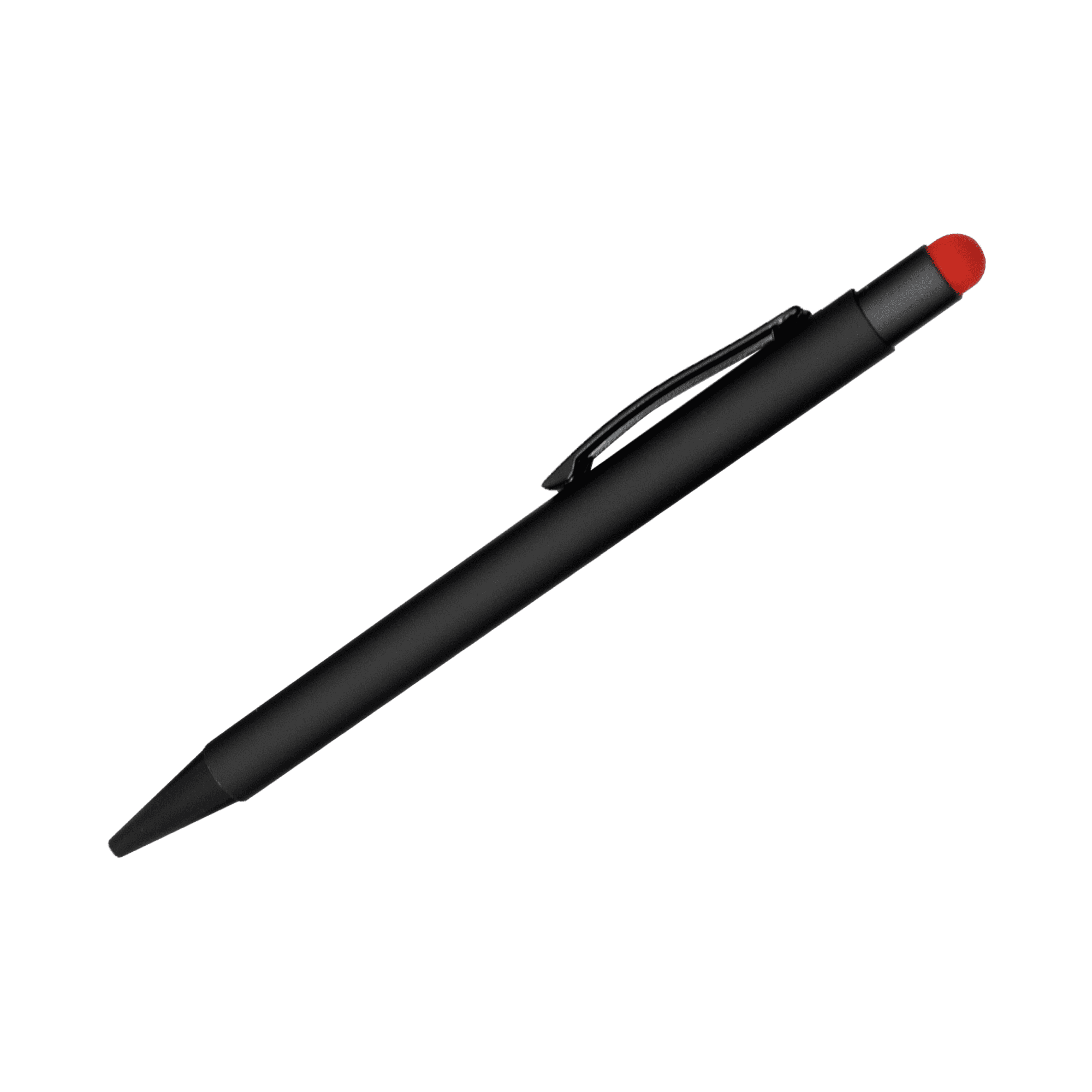 A black stylus pen featuring a red tip, with a clip for easy attachment. It also includes a logo.