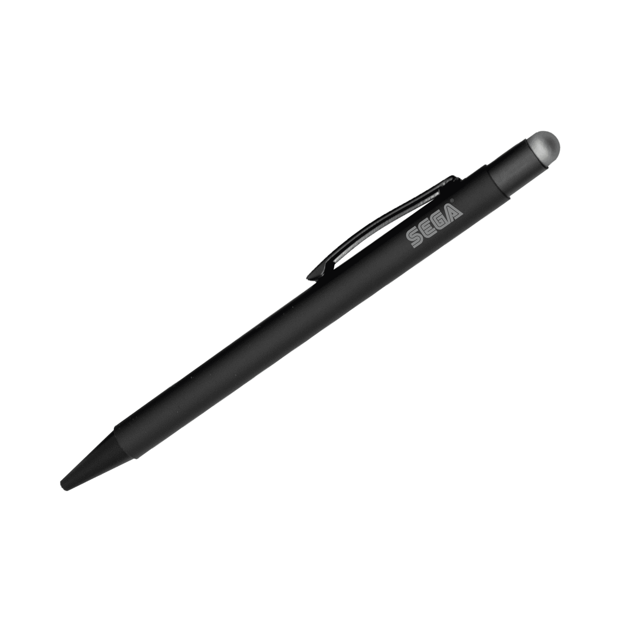 A sleek black stylus pen with a rounded tip and a clip, featuring a logo.