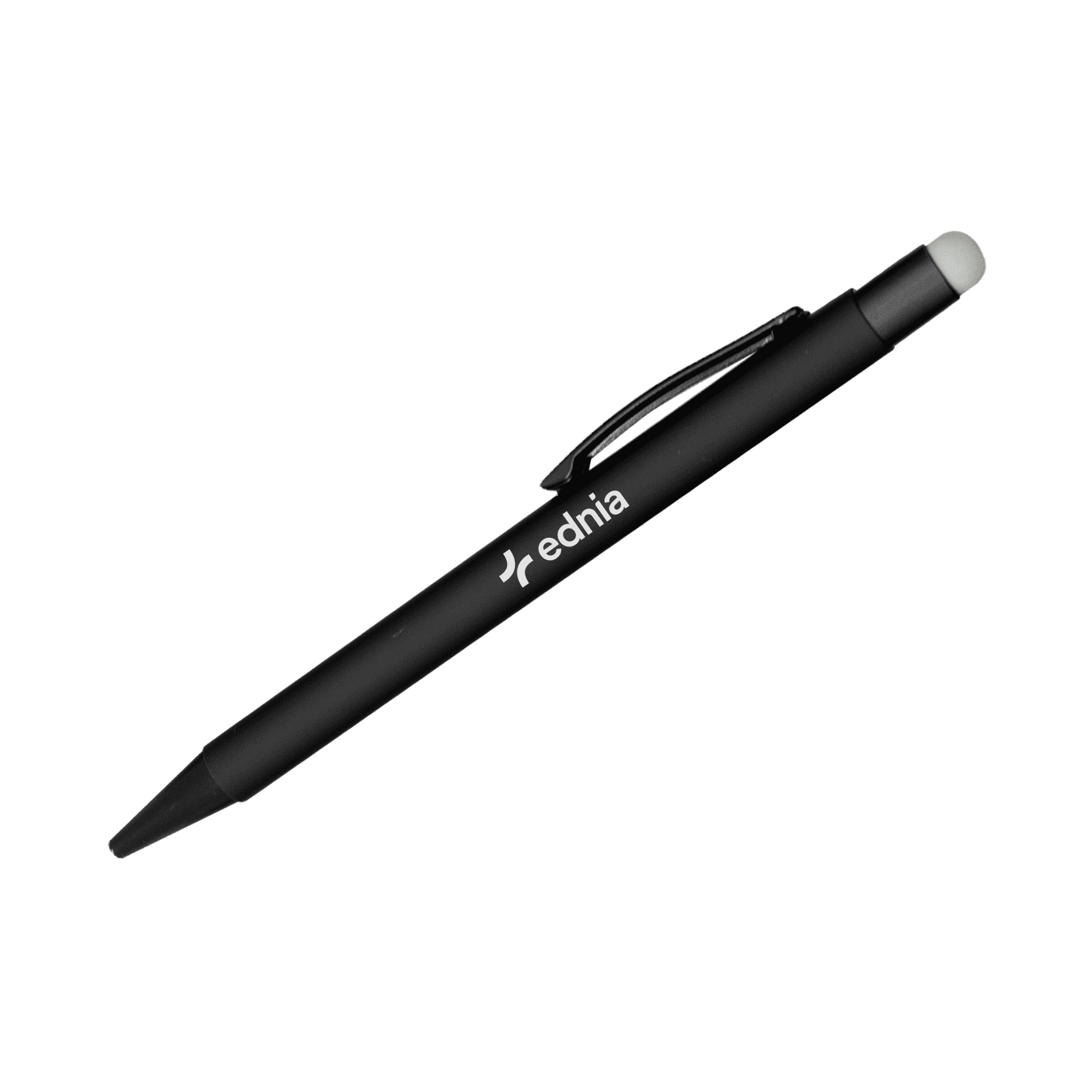 A black stylus pen featuring a smooth finish and a clip for easy attachment, with a logo on the side.