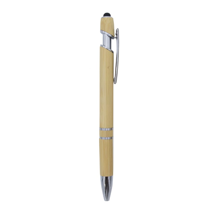 A bamboo pen with a silver clip and tip, featuring a stylus on the top. It has a natural finish and a sleek design.