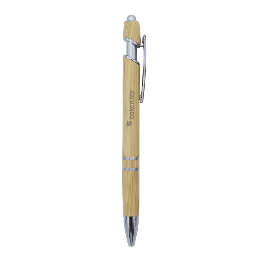 A bamboo pen with a silver clip and tip, featuring a branding logo.