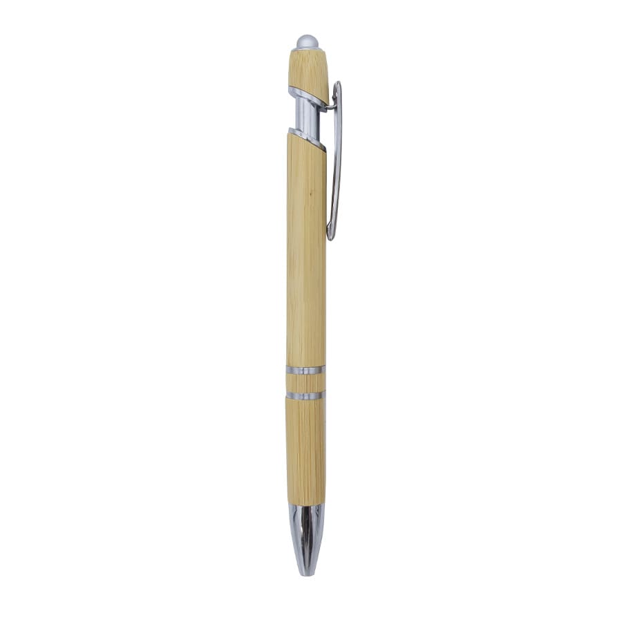 A bamboo pen with silver accents, featuring a stylus tip and a clip for easy attachment.
