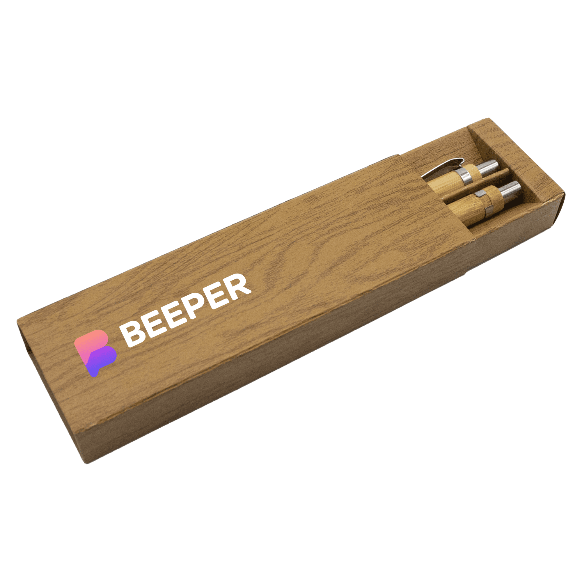 A bamboo pen set in a wooden box, featuring two pens and a logo on the box.