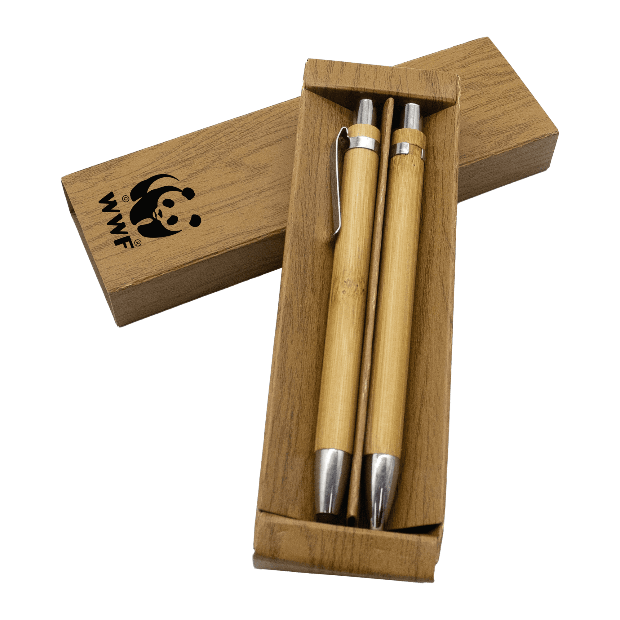 A bamboo pen set in a wooden box, featuring two pens with silver accents and a branding logo.