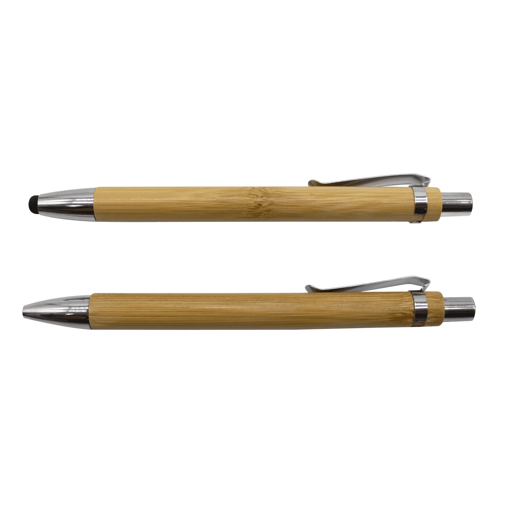 A bamboo pen set featuring two pens with silver accents and a stylus tip. The pens have a sleek, natural finish.