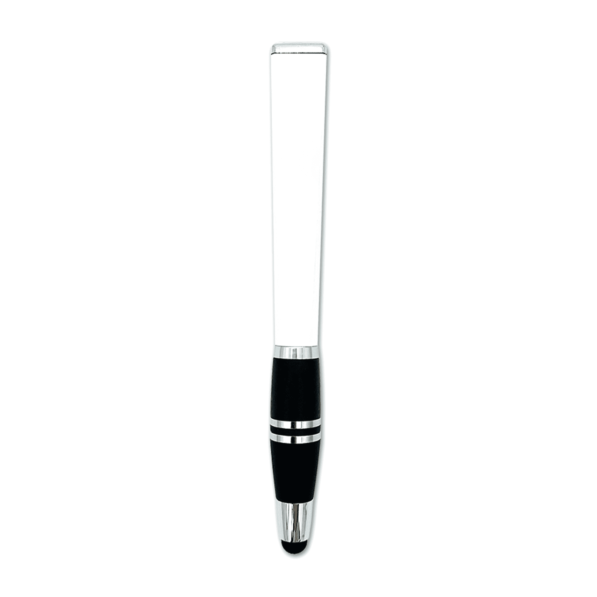 A black stylus pen with a sleek design and chrome accents. The top is smooth and clear. It features a logo.