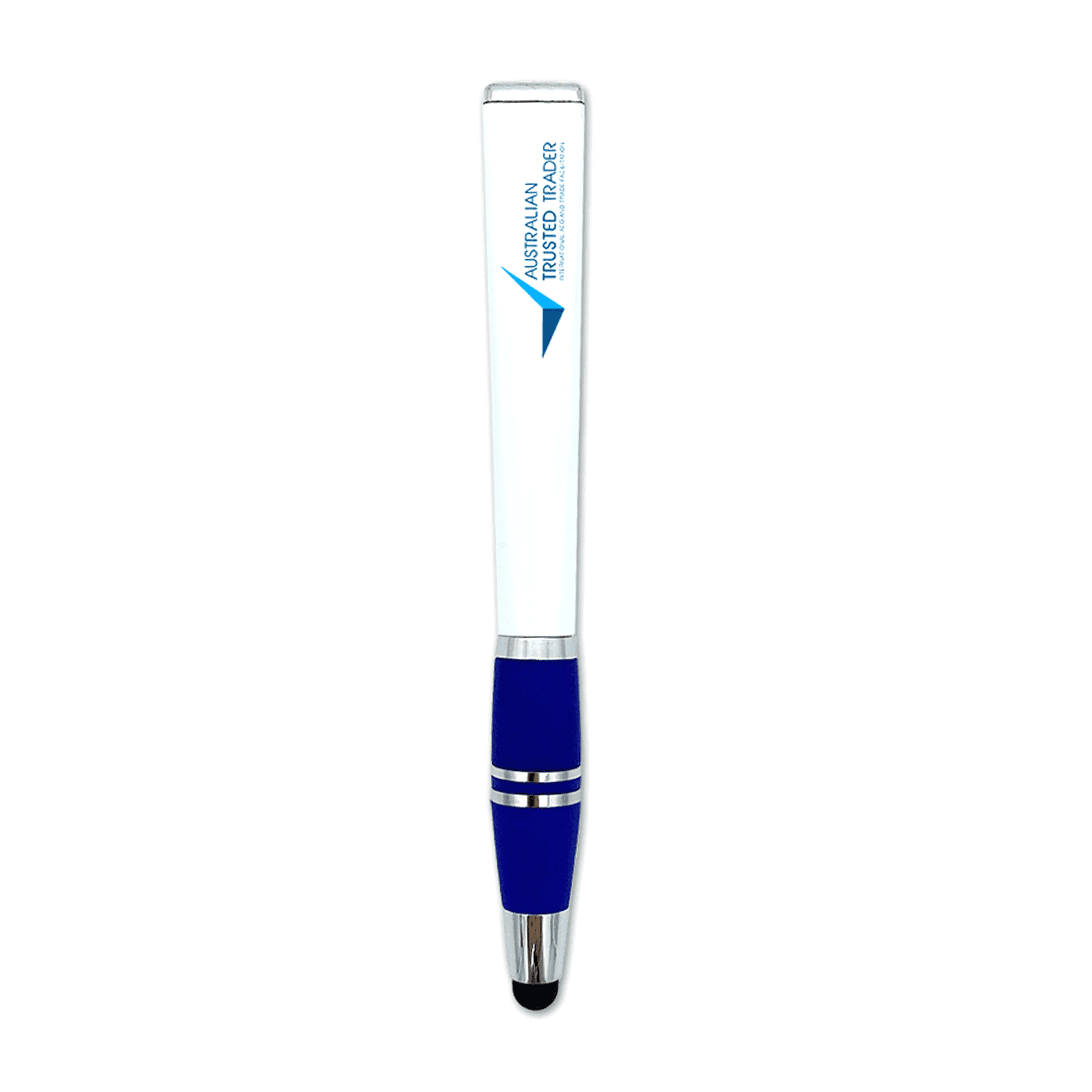 A Byron Pen in white and blue, featuring a stylus tip, with a branding logo on the barrel.