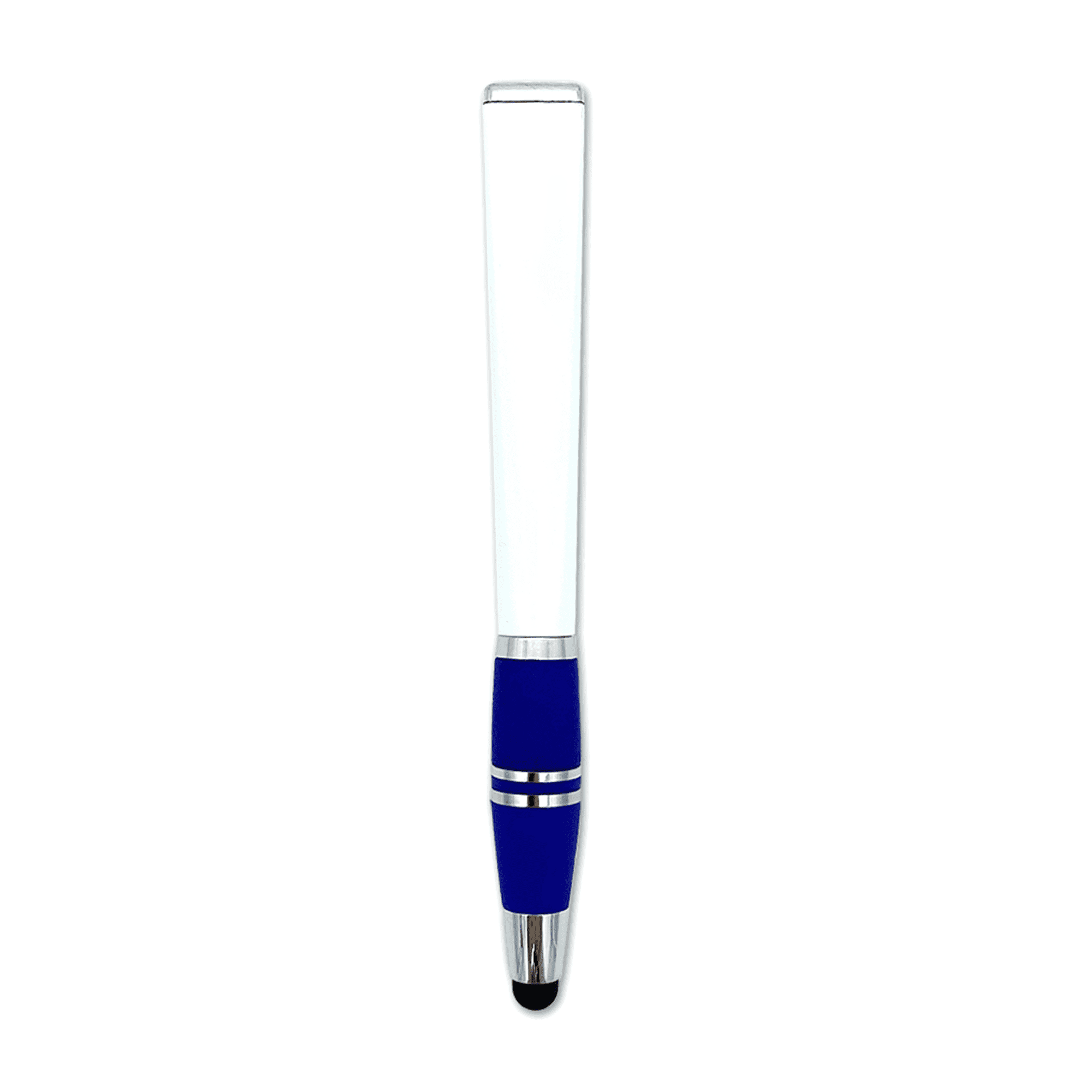A blue stylus pen with a shiny silver tip and a clear upper section. The pen features a logo on the barrel.