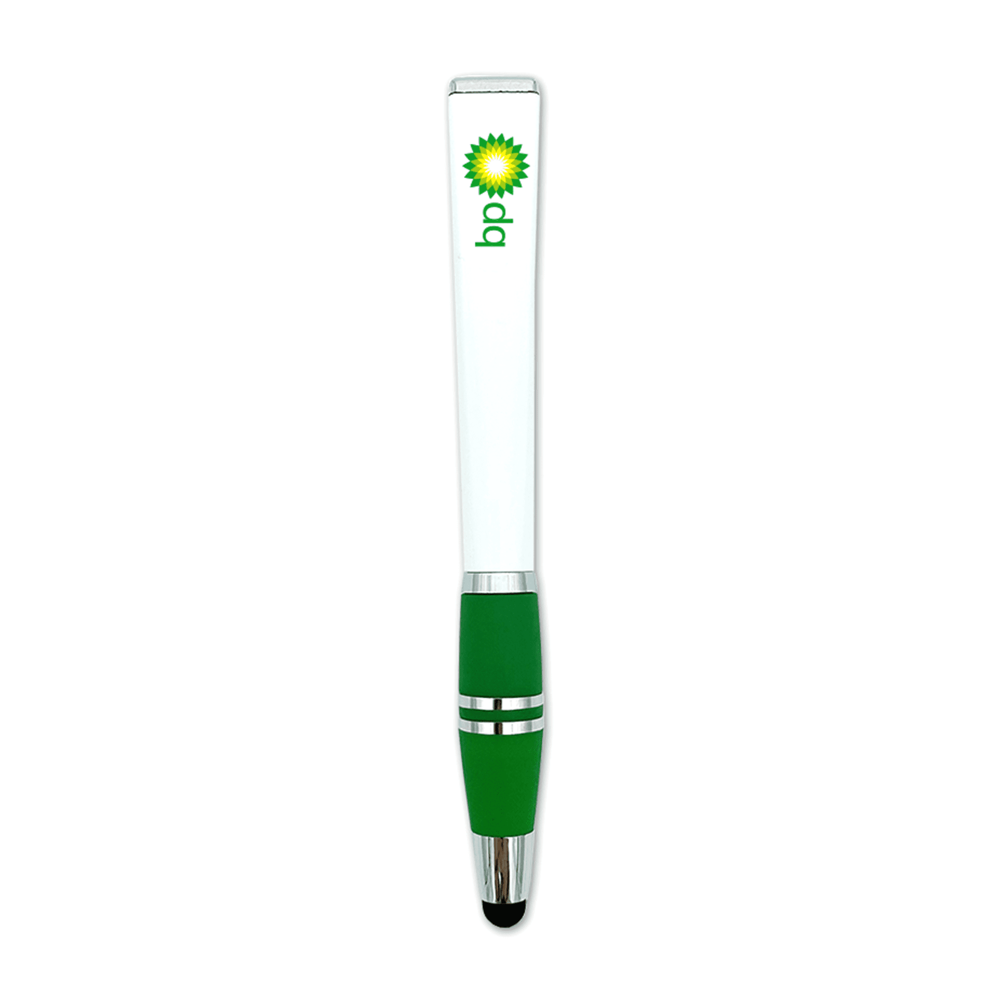 A white stylus pen with a green bottom, featuring a logo. Elegant and simple design for writing.