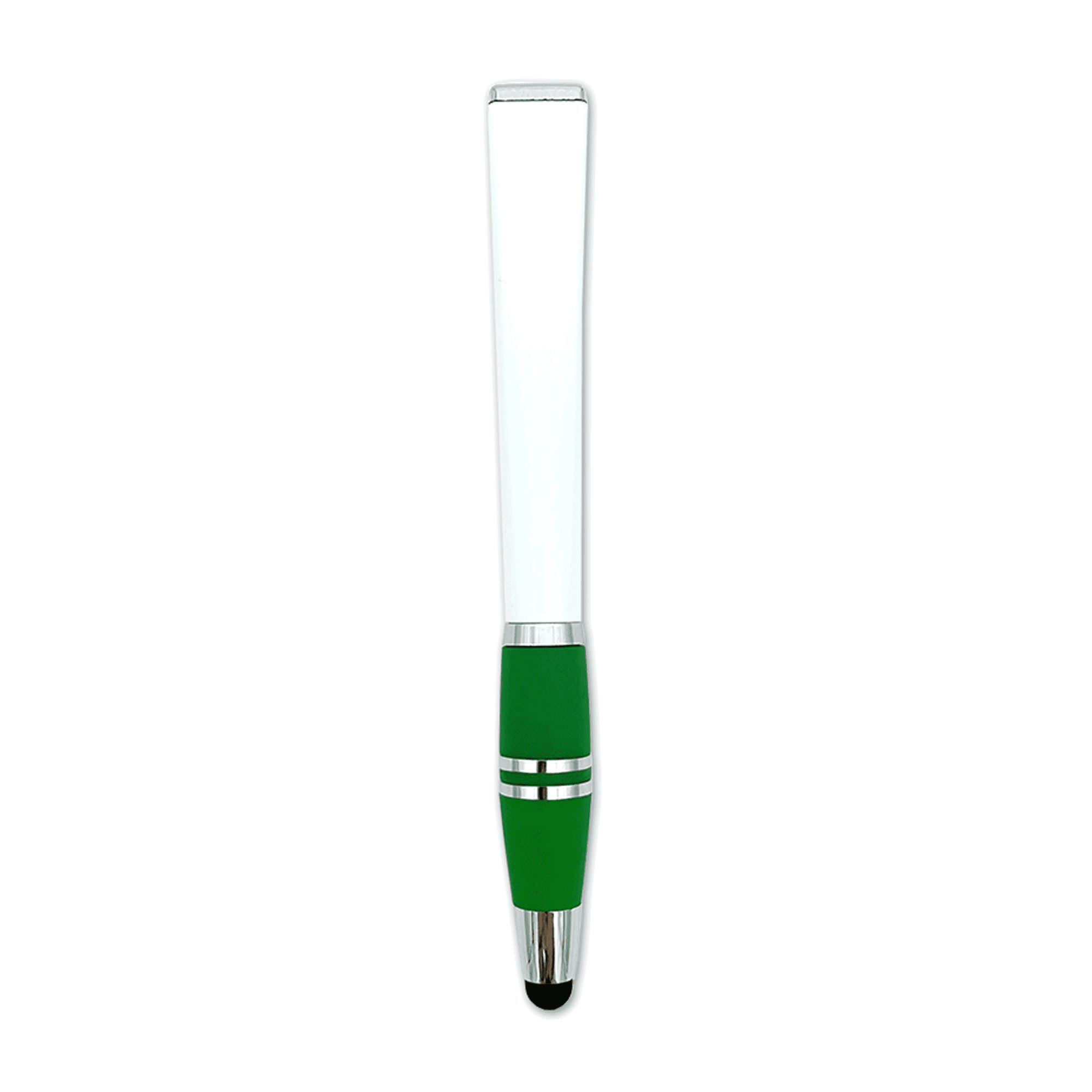 A stylus pen with a green grip and a clear barrel, featuring a metallic tip and an end designed for touchscreen use.