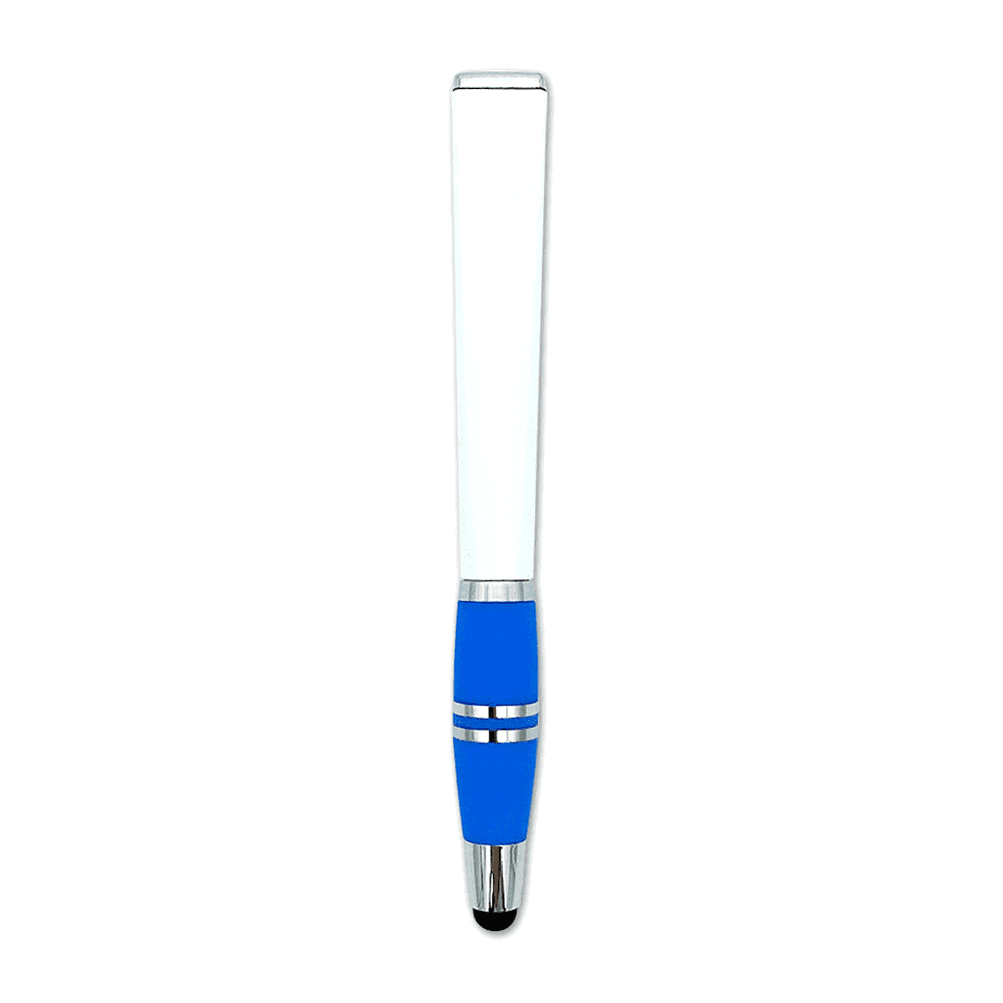 A blue stylus pen with a sleek design and a metallic finish, featuring a logo on the barrel.