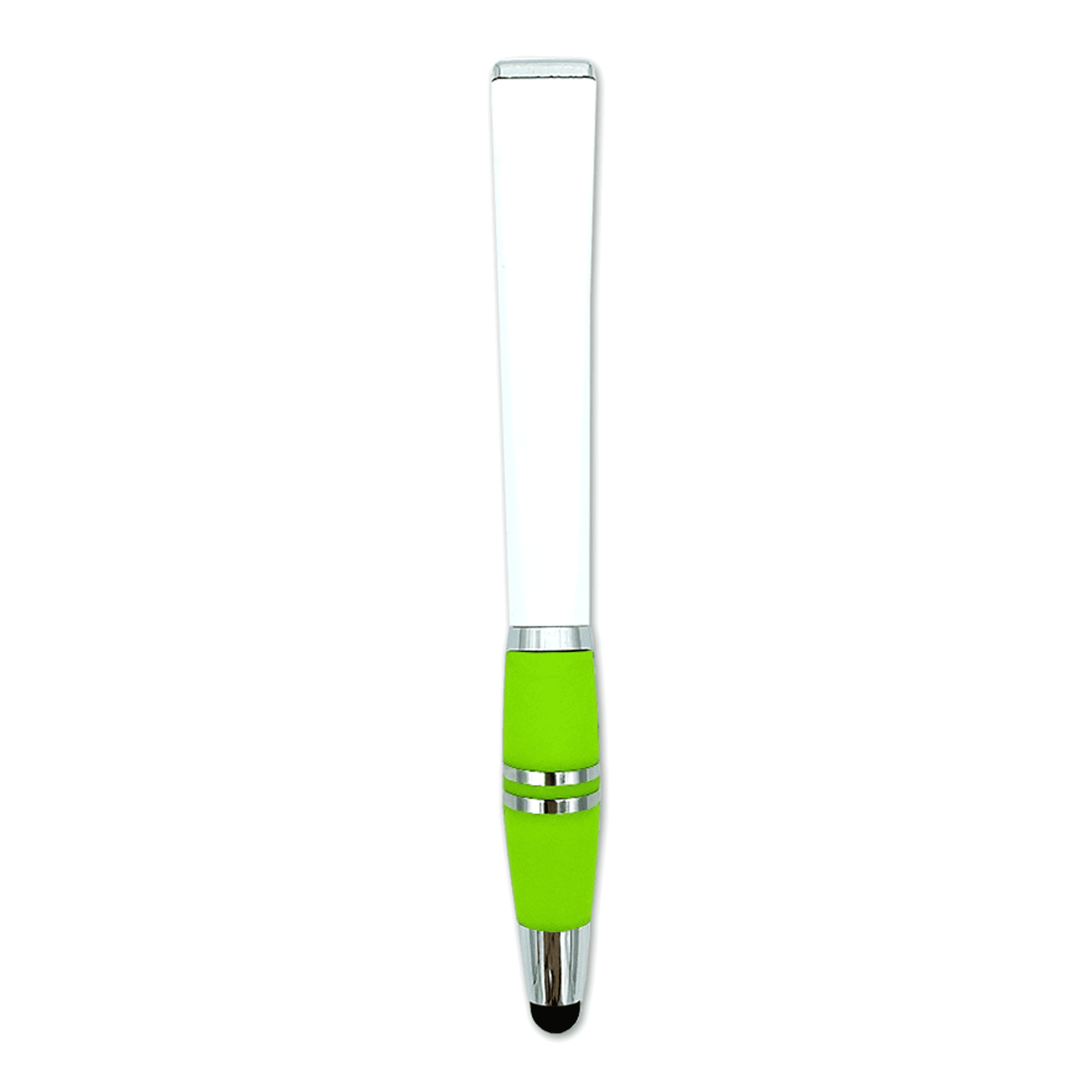 A stylus pen with a white body and a green grip, featuring a shiny silver accent and a logo.