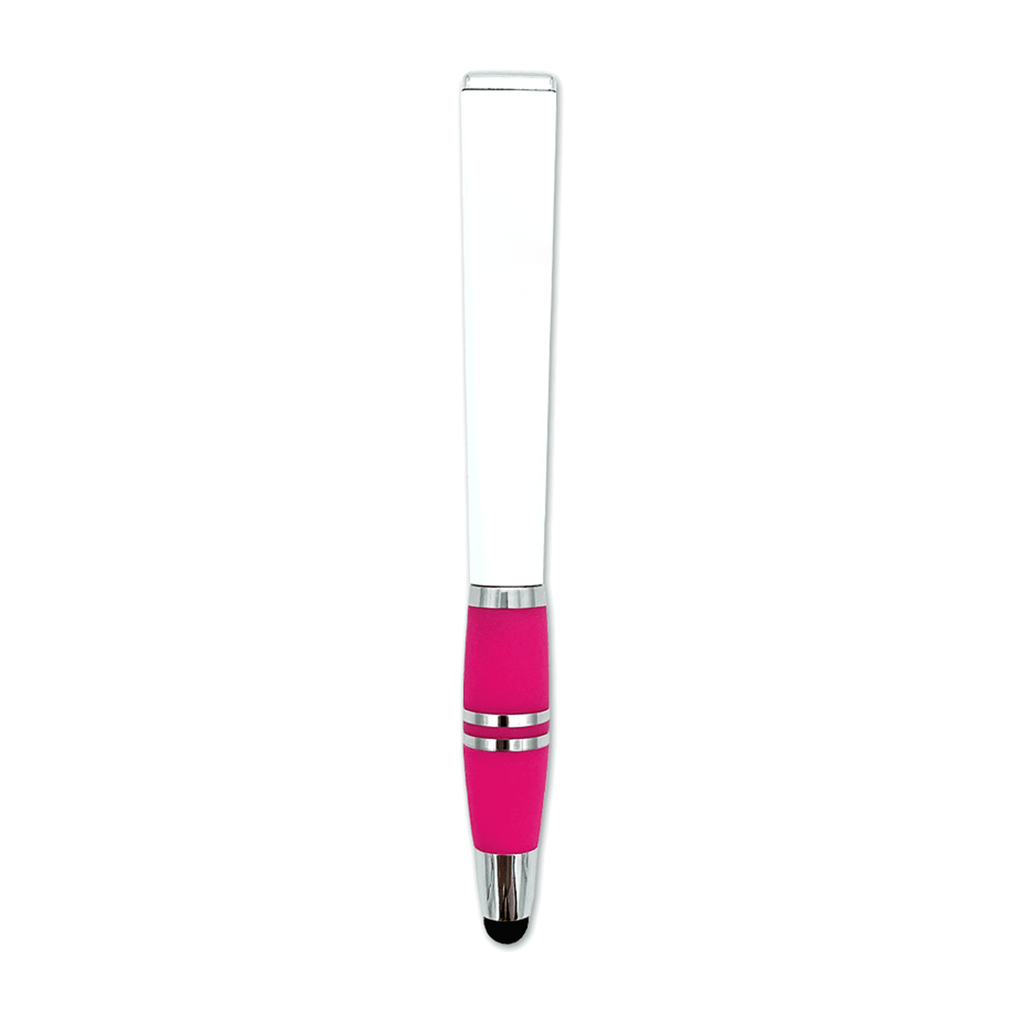 A pink stylus pen with a clear barrel and chrome accents, featuring a branding logo on the barrel.