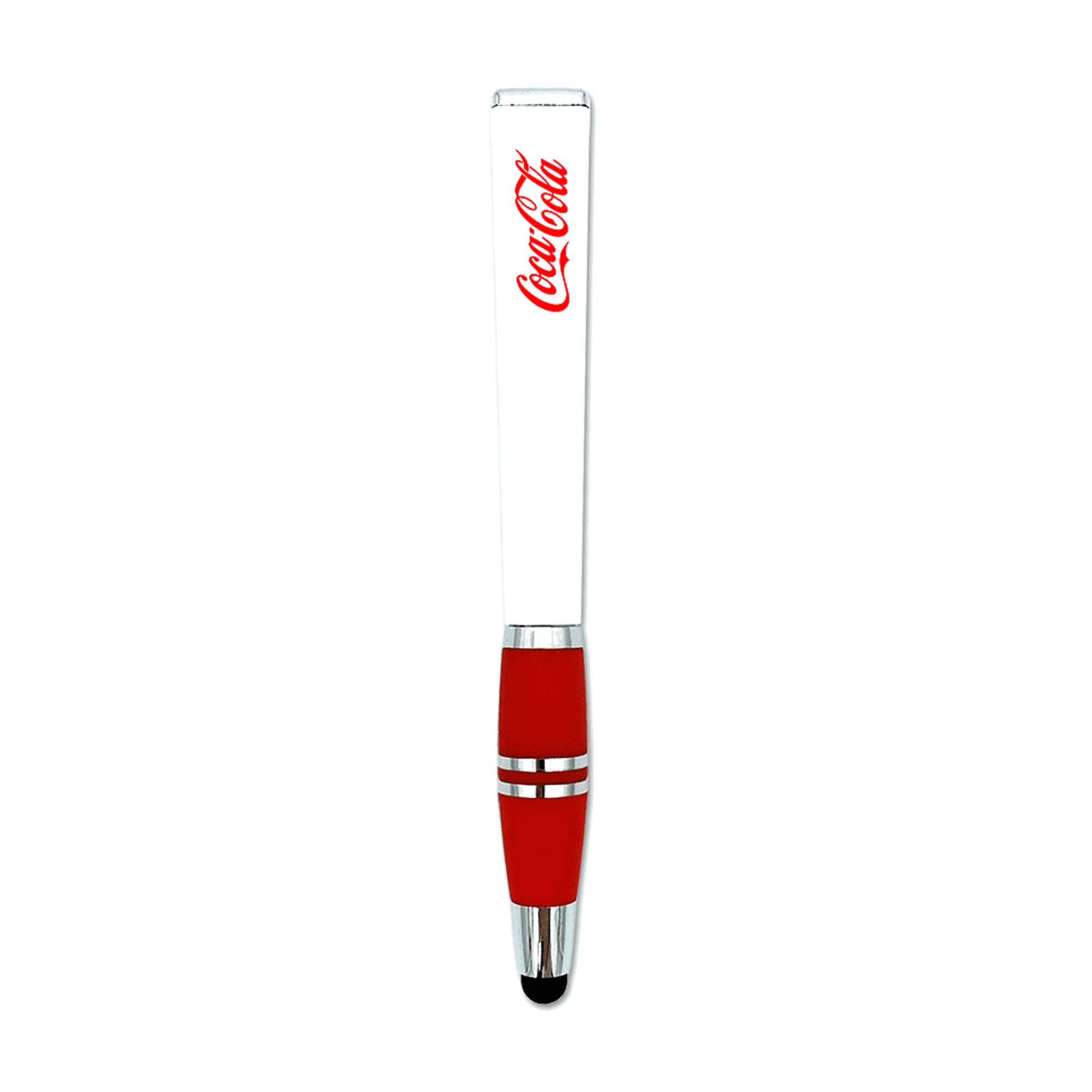 A red stylus pen with a white barrel and a branding logo on the side.