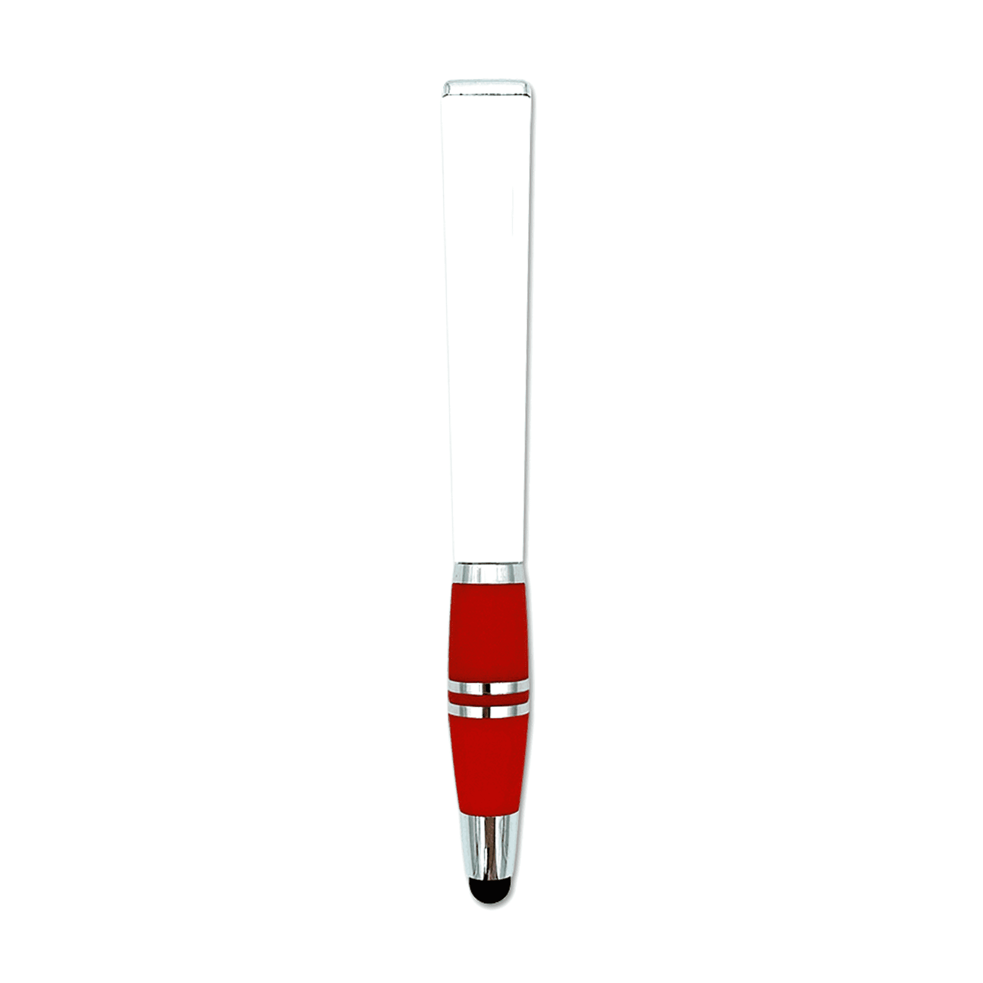 A red stylus pen with a sleek design and chrome accents, featuring a logo on the body.