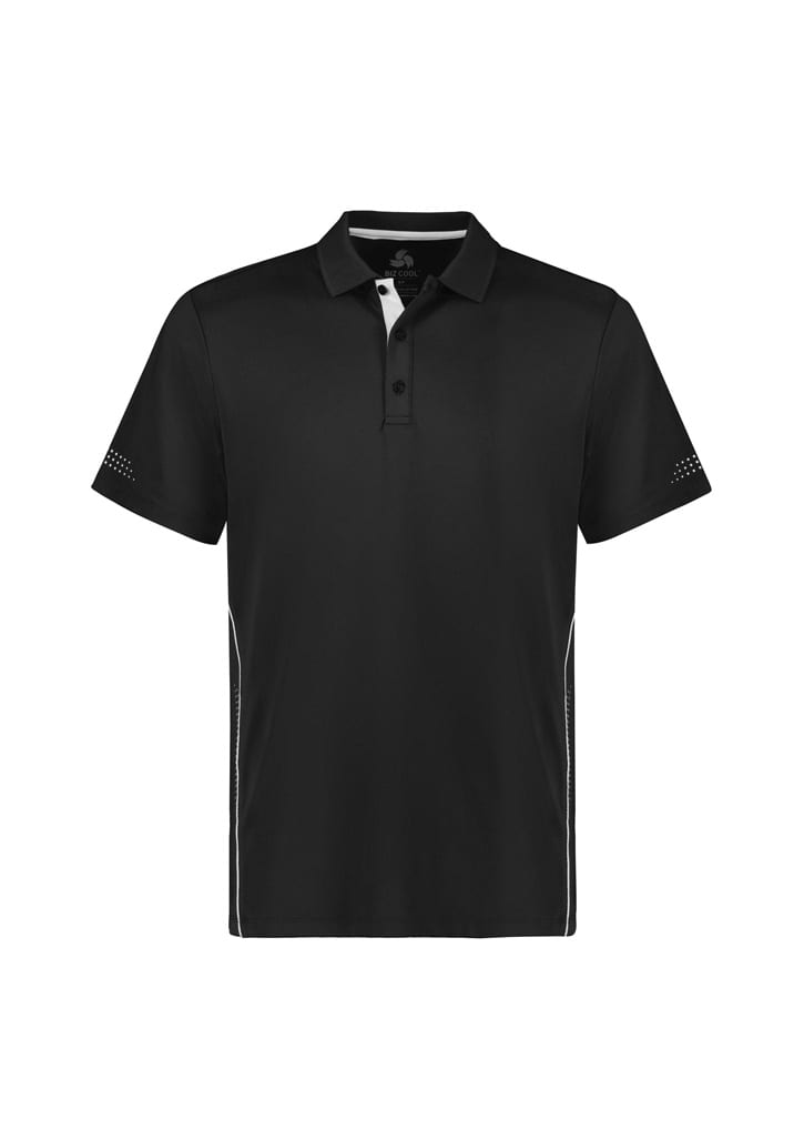 A black short sleeve polo shirt featuring a collar, buttons, and a logo. It has white accents on the sides and sleeves.