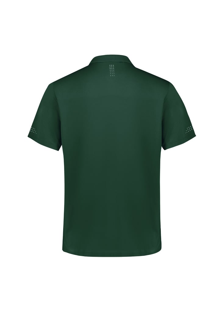 A green short sleeve polo shirt with a logo and decorative detailing on the sleeves and back.