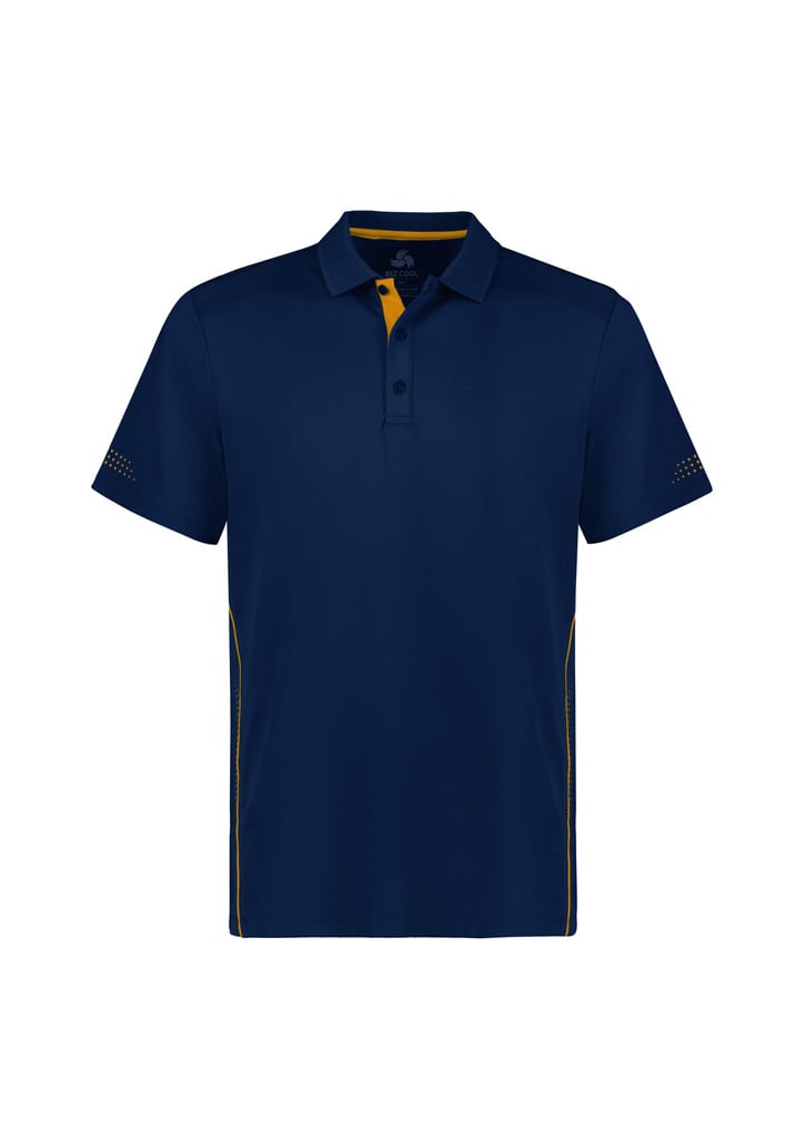 A navy blue kids' short sleeve polo shirt featuring yellow accents and a logo.