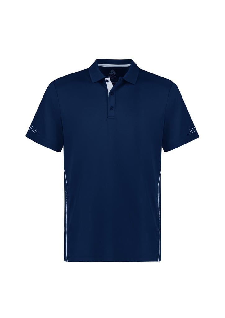 A navy blue kids' polo shirt with short sleeves, featuring a collar and a logo on the left side.