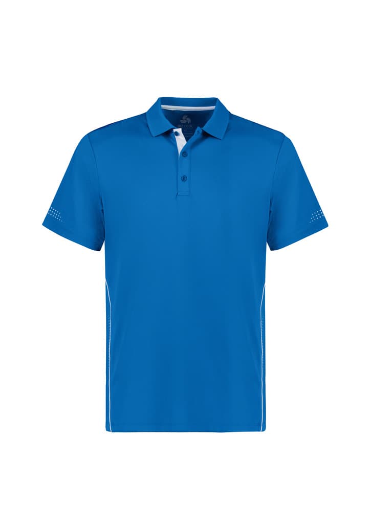 A blue short sleeve polo shirt featuring a collar and a logo. It has contrasting details along the sides.