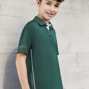 A green short sleeve polo shirt for kids featuring a collar and a logo. The design includes subtle detailing on the sleeves.