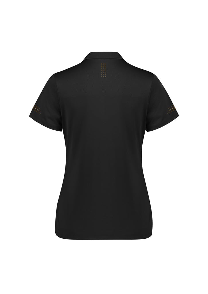 A black women's short sleeve polo shirt with a branded logo, featuring decorative detailing on the sleeves.