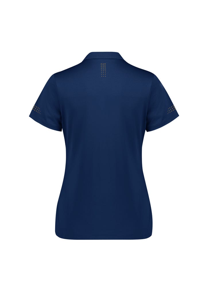 A women's short sleeve polo shirt in navy blue, featuring a logo and decorative detailing on the sleeves.