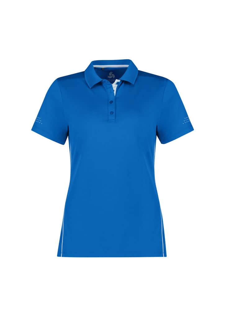 A blue women's short sleeve polo shirt with a collar and a logo. It features decorative detailing on the sleeves.
