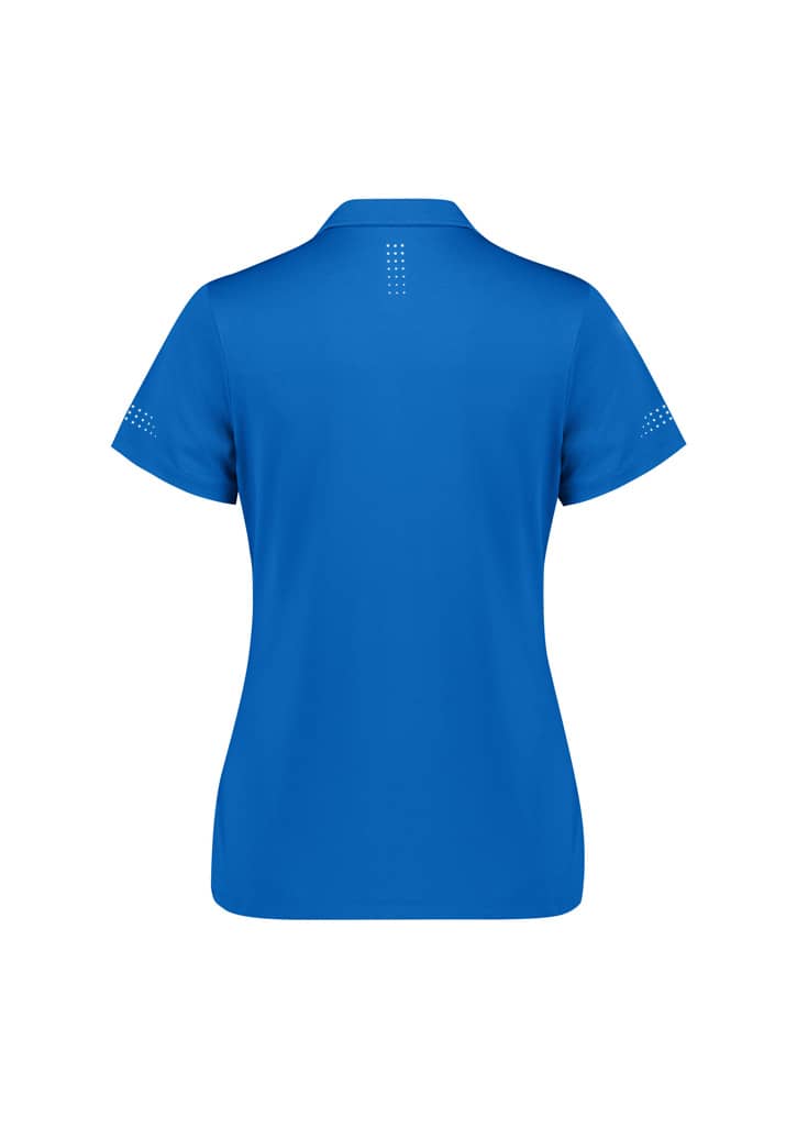 A women's short sleeve polo shirt in bright blue with a subtle logo and pattern detail on the sleeves and back.