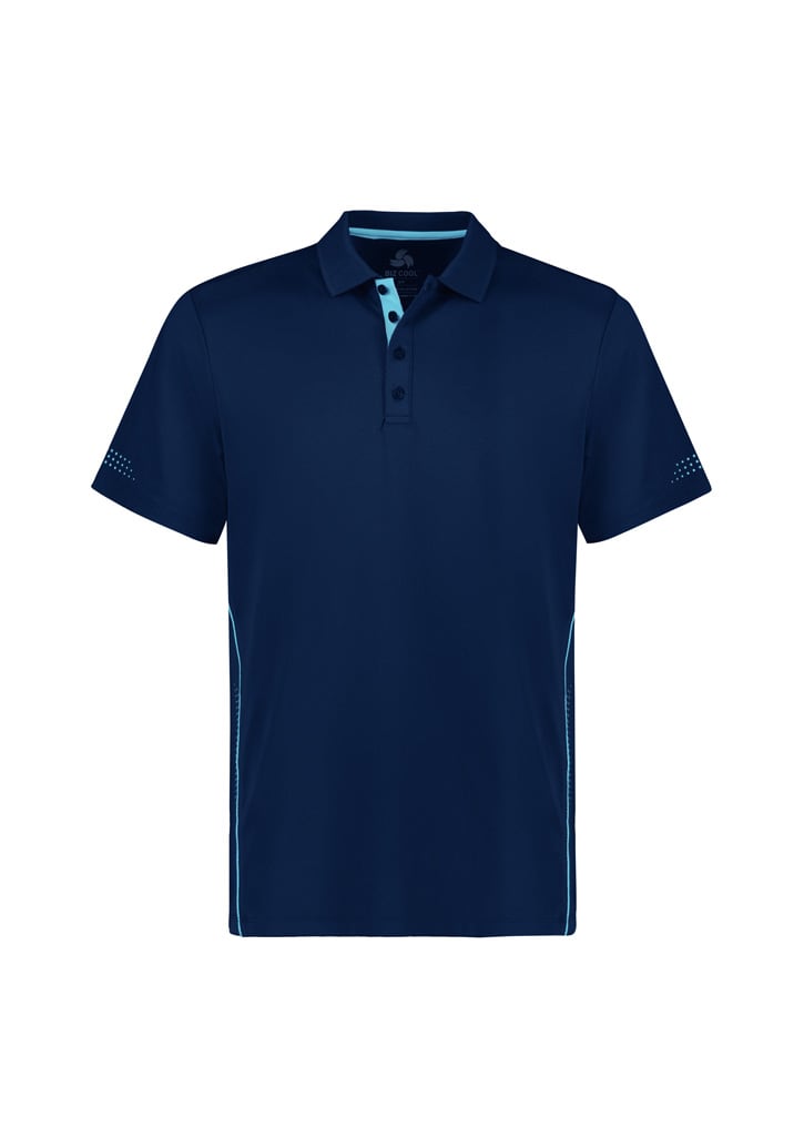 A navy blue men's short sleeve polo shirt with a subtle logo and light blue accents on the collar and sides.