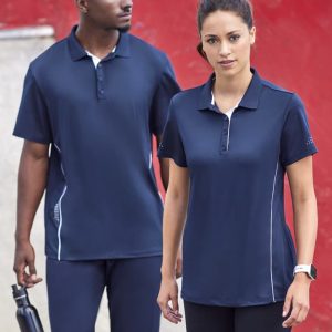 A navy blue short sleeve polo shirt with white accents and a logo, modelled by a man and a woman.