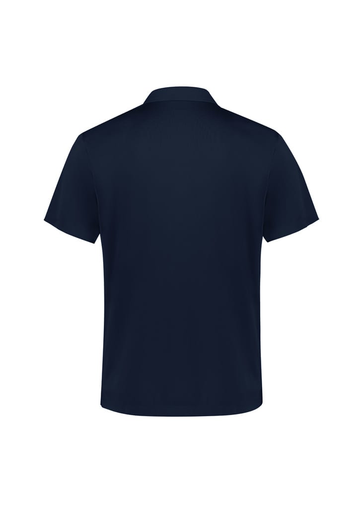 A navy blue short sleeve polo shirt with a smooth finish and a logo on the front.