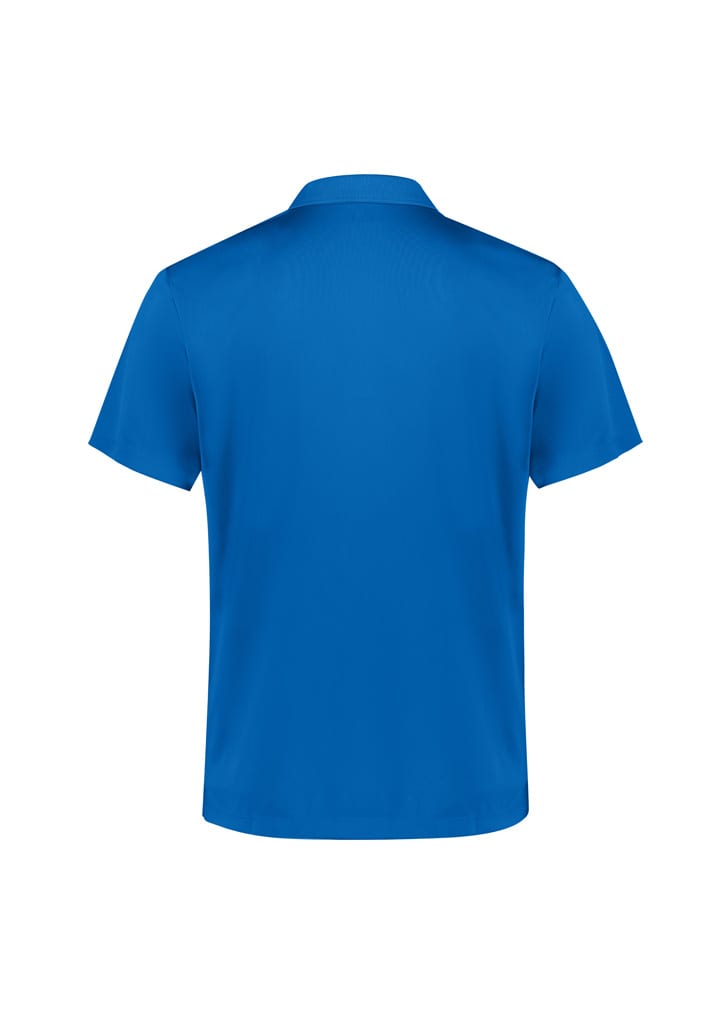 A blue short sleeve polo shirt with a collar and branding detail on the back.