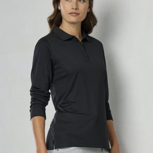 A women's long sleeve polo shirt in black with a collar and a fitted design. It features a logo on the chest.