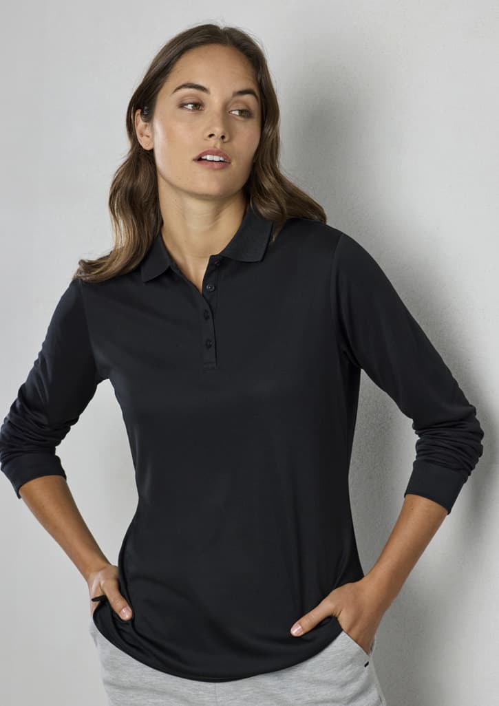 A black long sleeve polo shirt for women. The shirt features a collar and buttons, with a fitted style.