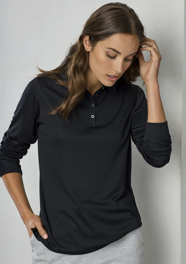 A long sleeve black polo shirt for women, featuring a buttoned neckline and a fitted design. Includes a logo.