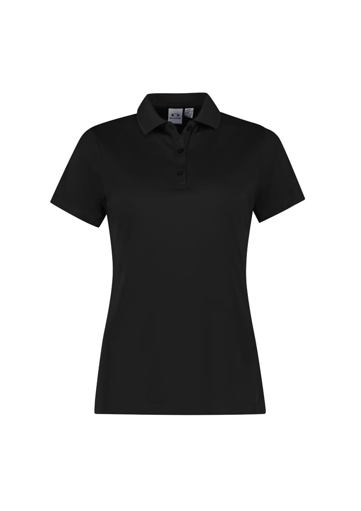 A black women's short sleeve polo shirt with a collar and a logo on the chest.